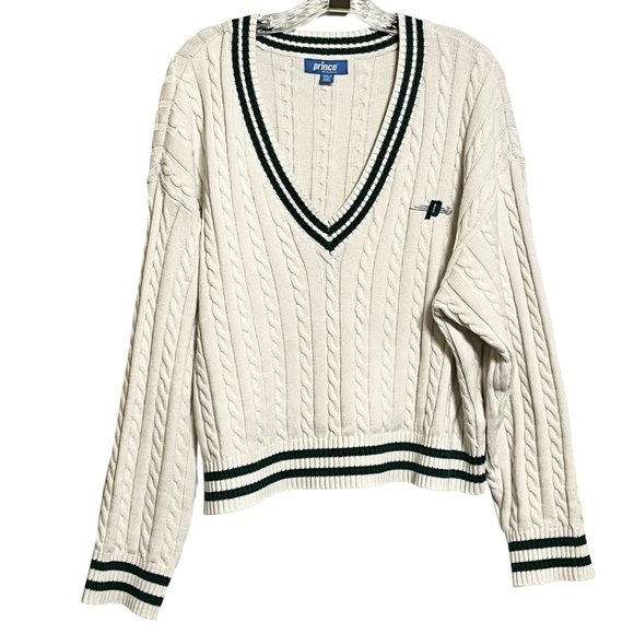 Prince Sweaters - Prince White And Green Cable Knit Tennis Or Pickleball Sweater Women’s XXL